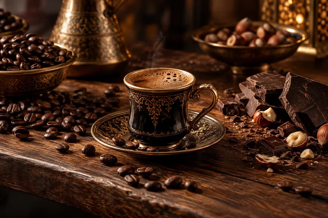 فنجان قهوة مع البندق والشيكولاته