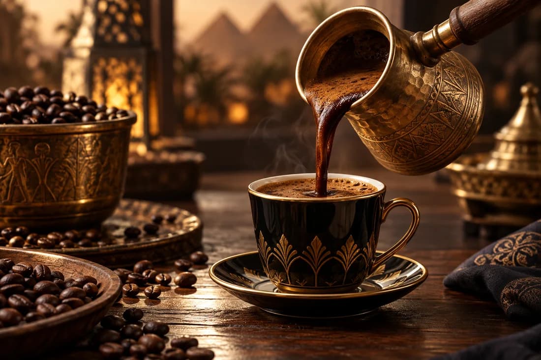 لحظة صب القهوة التركي في فنجان على طاولة دافئة